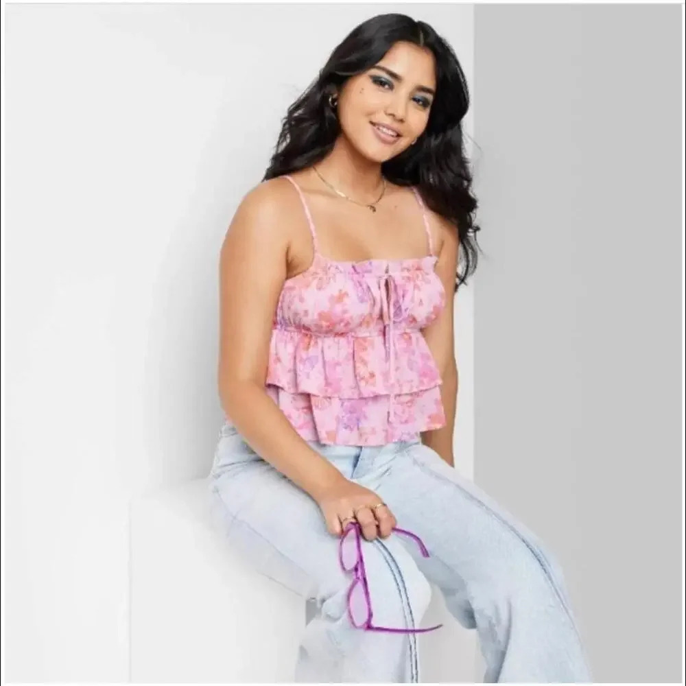 NWT Wild Fable Women's Tiered Ruffle Pink Butterfly Tank Top Size XXL